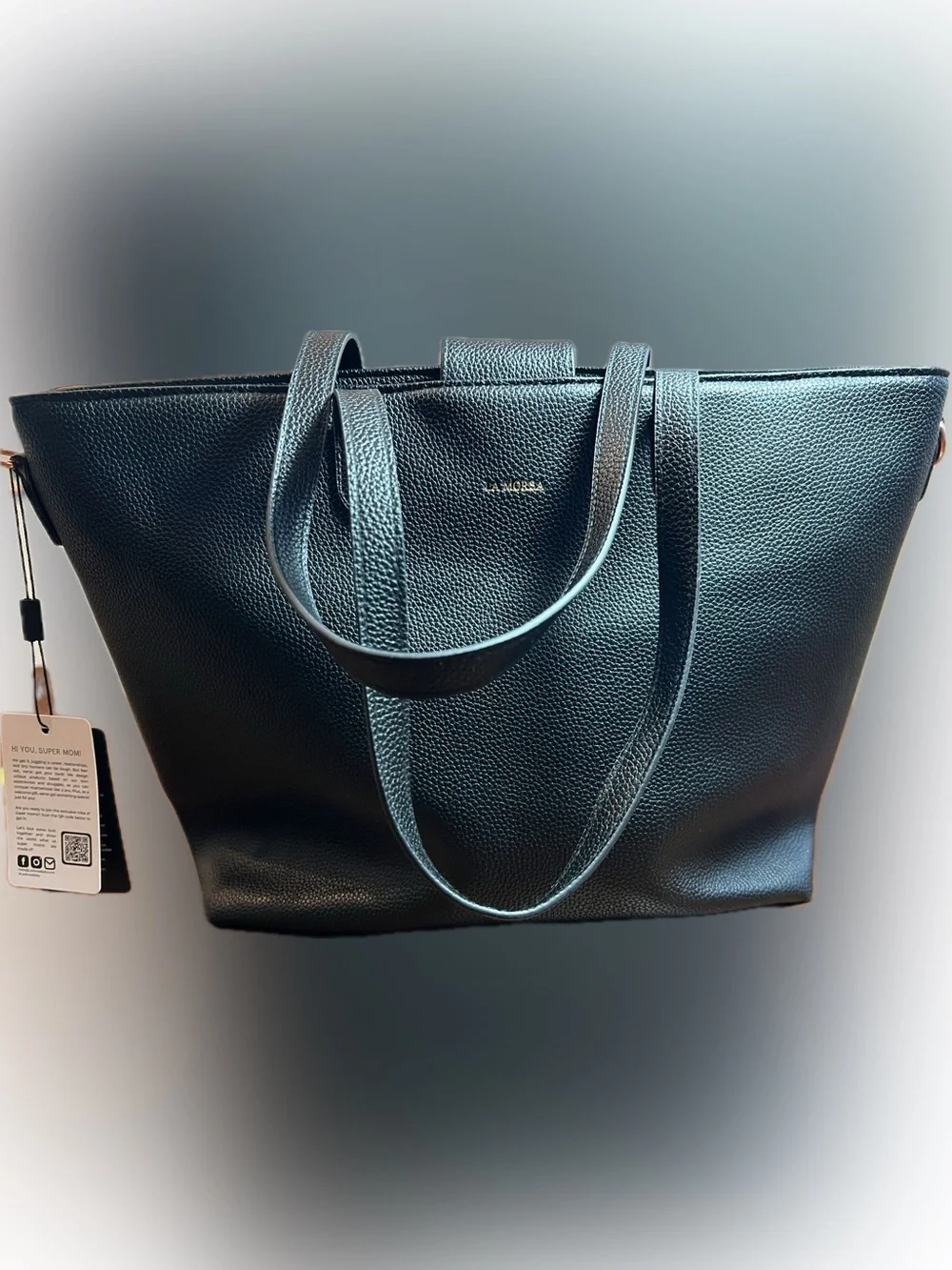 La Morsa Carryall Diaper Tote Bag Black Vegan Leather Crossbody